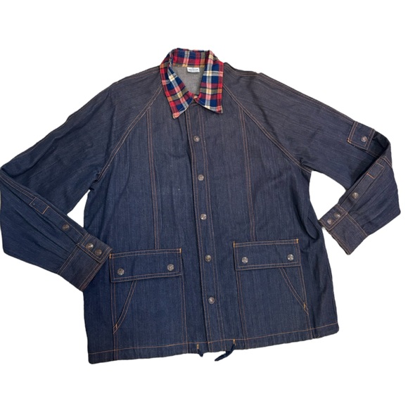Vintage Fingerhut 70s 80s Western Blue Jean Chore Jacket with plaid collar,  XL - Picture 1 of 4